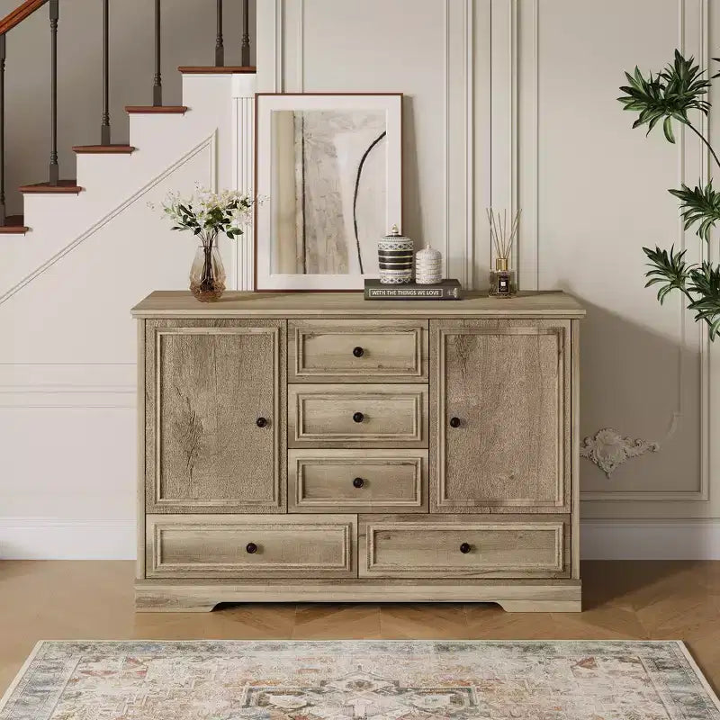 Mobile Credenza Stile Rustico con 5 Cassetti e 2 Ante, Mobile Bar in Legno, Ripiani Regolabili, per Sala da Pranzo, Soggiorno