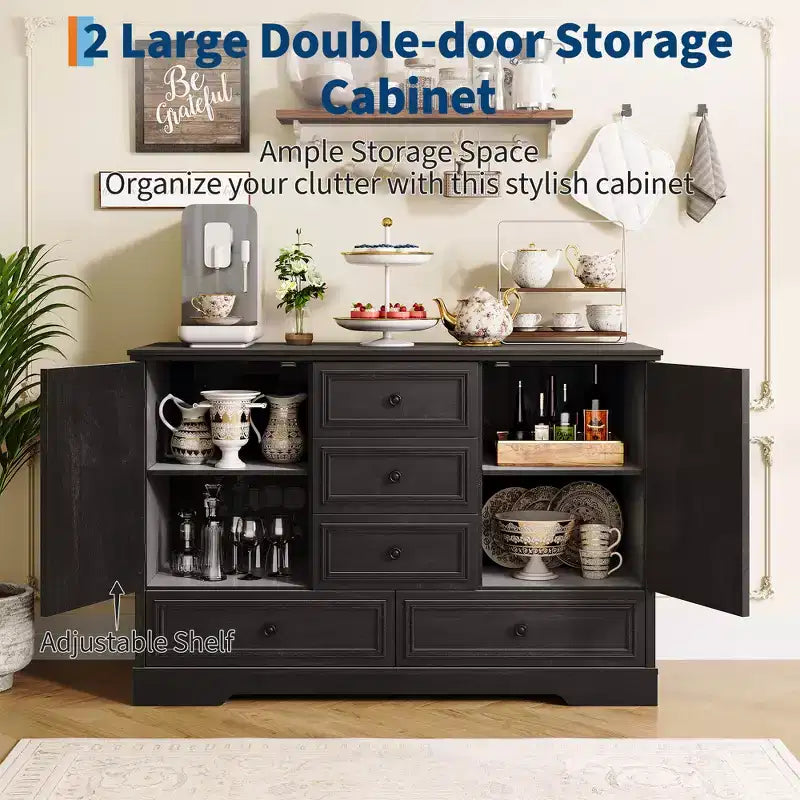 Mobile Credenza Stile Rustico con 5 Cassetti e 2 Ante, Mobile Bar in Legno, Ripiani Regolabili, per Sala da Pranzo, Soggiorno