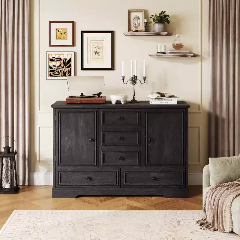 Mobile Credenza Stile Rustico con 5 Cassetti e 2 Ante, Mobile Bar in Legno, Ripiani Regolabili, per Sala da Pranzo, Soggiorno