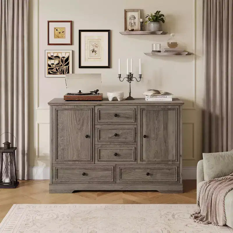 Mobile Credenza Stile Rustico con 5 Cassetti e 2 Ante, Mobile Bar in Legno, Ripiani Regolabili, per Sala da Pranzo, Soggiorno