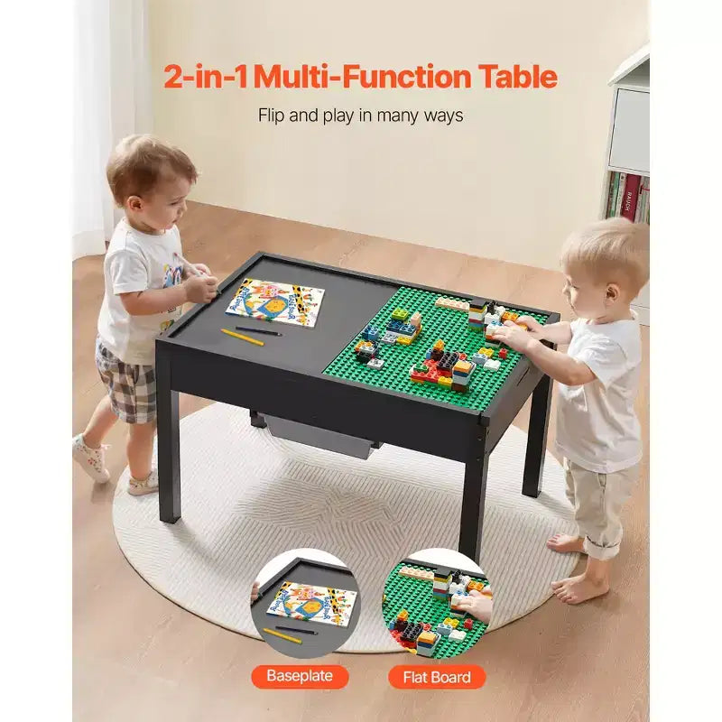 Tavolo attività per bambini con piano reversibile per costruzioni, tavolo da gioco in legno con 2 contenitori per lavoretti, apprendimento e gioco, nero