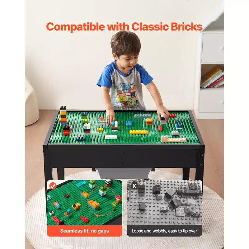 Tavolo attività per bambini con piano reversibile per costruzioni, tavolo da gioco in legno con 2 contenitori per lavoretti, apprendimento e gioco, nero