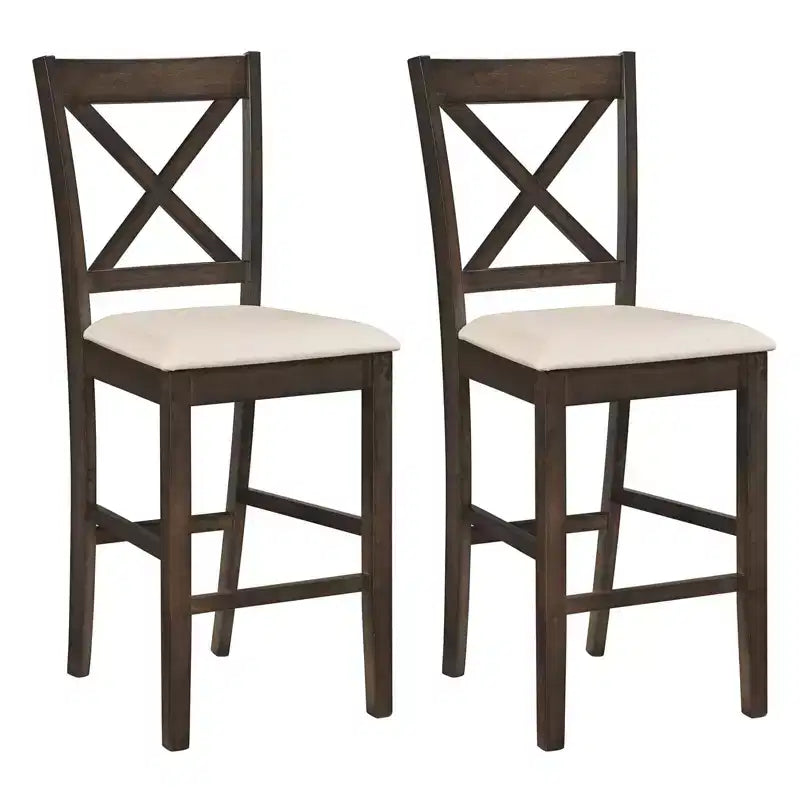 Costway Rubber Wood X-Back Bar Stools Set of 2 with Upholstered Cushioned Seats & Footrests Dark Brown and Cream/White and Gray