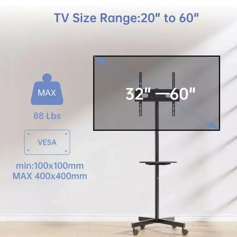 Carrello TV mobile con ruote per TV LCD/LED/OLED da 32-60 pollici, ripiano regolabile in altezza, supporta fino a 40 kg, VESA massimo 400x400mm