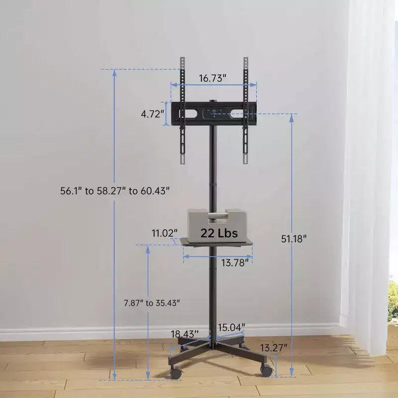 Carrello TV mobile con ruote per TV LCD/LED/OLED da 32-60 pollici, ripiano regolabile in altezza, supporta fino a 40 kg, VESA massimo 400x400mm