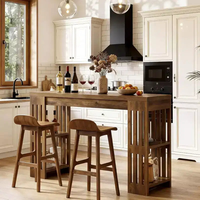 Tavolo da bar, grande bancone bar in legno da 160 cm con portabottiglie, tavolo da pub con ripiani portaoggetti per sala da pranzo, soggiorno, cucina, marrone