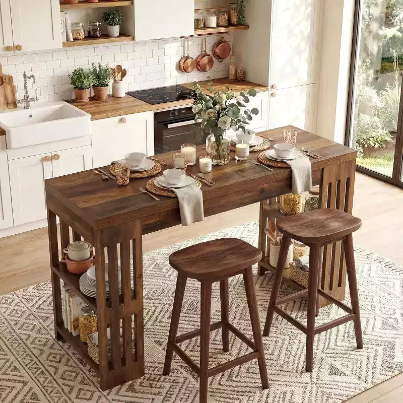 Tavolo da bar, grande bancone bar in legno da 160 cm con portabottiglie, tavolo da pub con ripiani portaoggetti per sala da pranzo, soggiorno, cucina, marrone