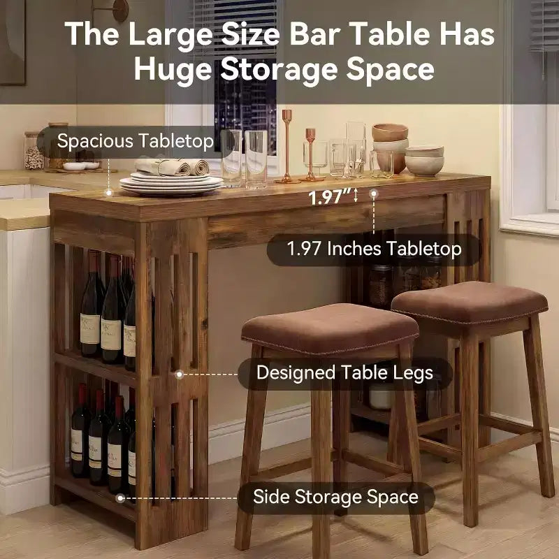 Tavolo da bar, grande bancone bar in legno da 160 cm con portabottiglie, tavolo da pub con ripiani portaoggetti per sala da pranzo, soggiorno, cucina, marrone