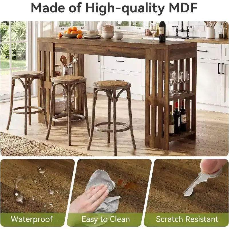 Tavolo da bar, grande bancone bar in legno da 160 cm con portabottiglie, tavolo da pub con ripiani portaoggetti per sala da pranzo, soggiorno, cucina, marrone