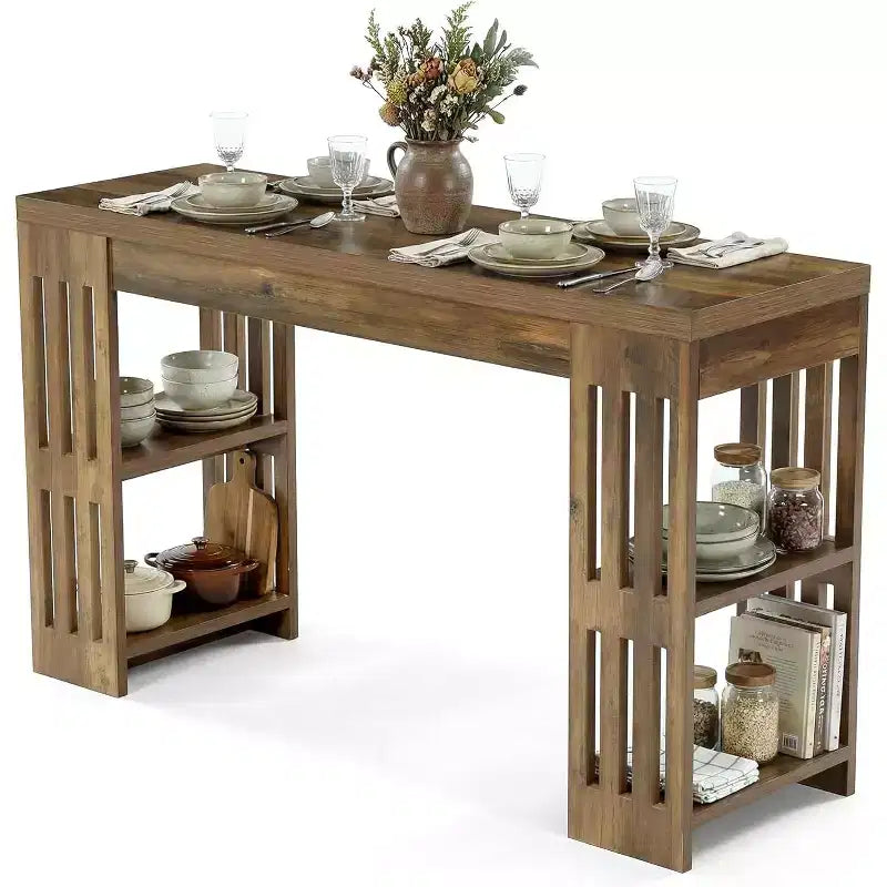 Tavolo da bar, grande bancone bar in legno da 160 cm con portabottiglie, tavolo da pub con ripiani portaoggetti per sala da pranzo, soggiorno, cucina, marrone