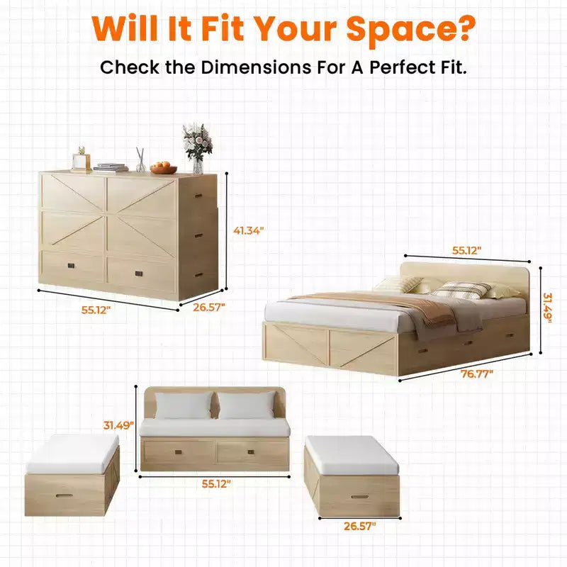 Letto a Scomparsa Convertibile con Cassetti Contenitore, Set Divano Letto Ospiti Multifunzione, Materasso Escluso