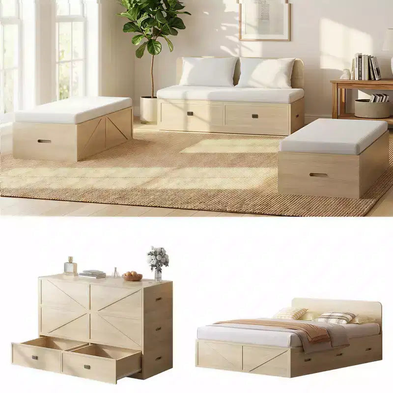 Letto a Scomparsa Convertibile con Cassetti Contenitore, Set Divano Letto Ospiti Multifunzione, Materasso Escluso