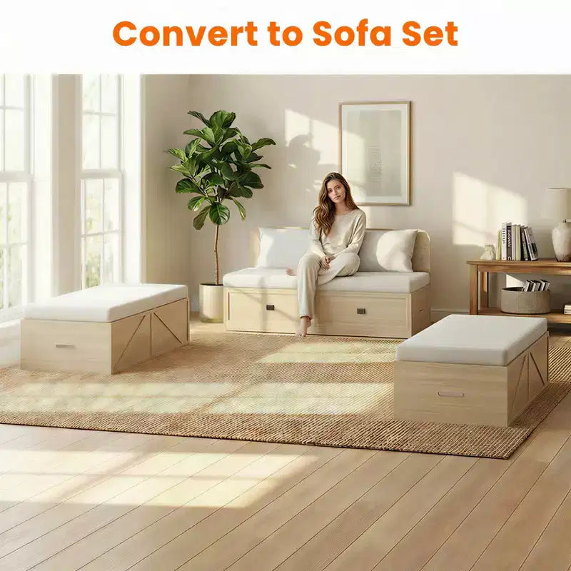 Letto a Scomparsa Convertibile con Cassetti Contenitore, Set Divano Letto Ospiti Multifunzione, Materasso Escluso