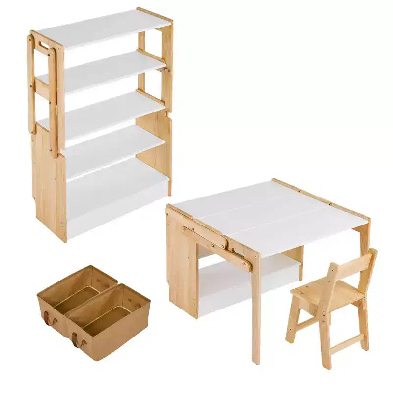 COZONY Convertible Activity Table and Chair Set with Storage Shelves, Folding Craft Desk with Storage Boxes, Wood White