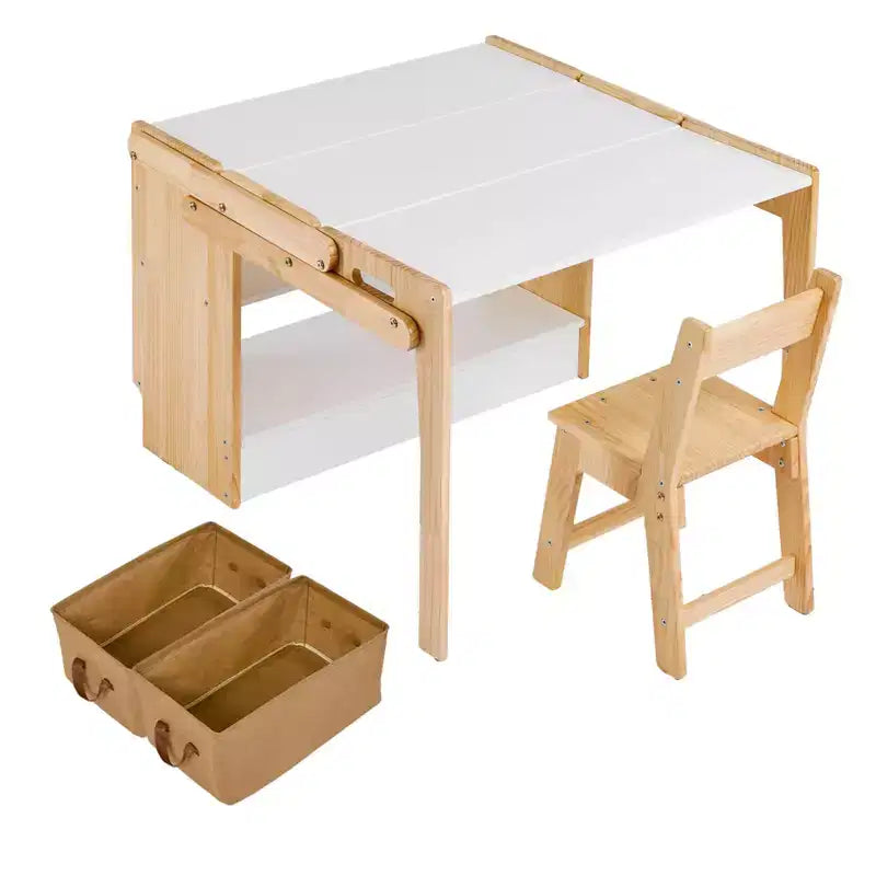 Tavolo e Sedia Trasformabili con Ripiani, Scrivania da Lavoro Pieghevole con Contenitori, Legno Bianco